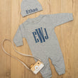 Load image into Gallery viewer, Personalized Gray Newborn Outfit with Name and Monogram Embroidered Baby Romper and Hat Custom Gift
