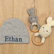 Load image into Gallery viewer, Personalized Gray Newborn Outfit with Name and Monogram Embroidered Baby Romper and Hat Custom Gift
