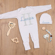 Load image into Gallery viewer, Personalized Baby Monogram Sleeper - Custom Embroidered Initial and Name Outfit with Hat - Foldable Mittens &amp; Footies - Newborn Gift
