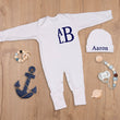 Load image into Gallery viewer, Personalized Baby Outfit Embroidered Newborn Sleeper and Hat with Foldable Mittens and Footies White Set
