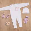 Load image into Gallery viewer, Personalized Baby Girl Initial and Name Sleeper with Hat – Custom Embroidered Newborn Outfit with Foldable Mittens and Footies – Baby Gift
