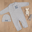 Load image into Gallery viewer, Personalized Gray Baby Outfit with Monogram Embroidered Newborn Romper and Hat Custom Initials Gift
