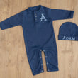 Load image into Gallery viewer, Personalized Navy Newborn Outfit with Name and Initial Embroidered Baby Romper and Hat Custom Gift
