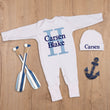 Load image into Gallery viewer, Personalized White Newborn Outfit with Name and Initial Embroidered Baby Romper and Hat Custom Gift
