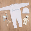 Load image into Gallery viewer, Personalized White Baby Outfit Embroidered Newborn Sleeper and Hat with Convertible Mittens and Footies
