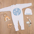 Load image into Gallery viewer, Personalized White Baby Outfit with Monogram Embroidered Newborn Romper and Hat Custom Initials Gift
