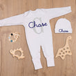 Load image into Gallery viewer, Personalized Baby Sleeper - Custom Embroidered Name Romper with Hat - Foldable Mittens &amp; Footies - NB–12M
