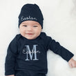 Load image into Gallery viewer, Personalized Baby Outfit Embroidered Newborn Sleeper and Hat with Foldable Mittens and Footies Navy Set
