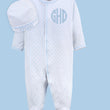 Load image into Gallery viewer, Personalized Pima Cotton Baby Boy Polka Dot Sleeper with Monogram and Hat Custom Embroidered Newborn Outfit Luxury Coming Home Gift
