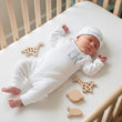Load image into Gallery viewer, Personalized Baby Sleeper with Hat - Custom Embroidered Monogram Newborn Outfit - Foldable Mittens &amp; Footies - Baby Gift
