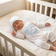 Load image into Gallery viewer, Personalized Newborn Announcement Sleeper with Name and Hat Custom Embroidered Baby Boy Outfit For This Little Boy We Have Prayed Baby Gift
