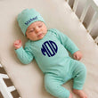 Load image into Gallery viewer, Personalized Mint Baby Outfit | Embroidered Name Romper &amp; Hat

