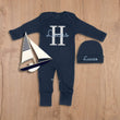 Load image into Gallery viewer, La Maison du Monogramme Navy Sleeper White and Baby Blue Embroidery
