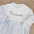 Load and play video in Gallery viewer, Personalized Pima Cotton Baby Boy Gingham Outfit with Name and Hat Custom Embroidered Newborn Sleeper Luxury Coming Home Baby Gift
