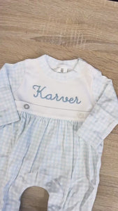 Personalized Pima Cotton Baby Boy Gingham Outfit with Name and Hat Custom Embroidered Newborn Sleeper Luxury Coming Home Baby Gift