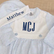 Load and play video in Gallery viewer, Personalized Pima Cotton Baby Outfit Embroidered Newborn Sleeper and Hat Custom Monogram Light Blue Set
