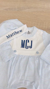 Personalized Pima Cotton Baby Outfit Embroidered Newborn Sleeper and Hat Custom Monogram Light Blue Set