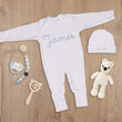 Load image into Gallery viewer, White baby boy sleeper with first name embroidered
