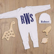 Load image into Gallery viewer, white newborn coming home outfit with navy blue monogram
