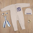 Load image into Gallery viewer, Baby boy beige sleeper navy blue monogram
