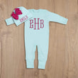 Load image into Gallery viewer, baby girl tiffany blue sleeper with monogram
