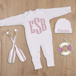 Load image into Gallery viewer, white baby girl sleeper with pink monogram
