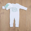 Load image into Gallery viewer, Baby girl white sleeper light green monogram
