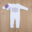 Load image into Gallery viewer, baby girl monogrammed romper with purple thread
