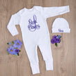 Load image into Gallery viewer, white sleeper with purple monogram for a baby girl
