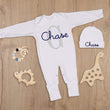 Load image into Gallery viewer, Baby boy sleeper with grey and blue monogram
