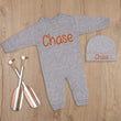 Load image into Gallery viewer, gray baby boy sleeper with orange monogram
