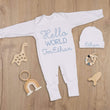 Load image into Gallery viewer, hello world baby boy sleeper name embroidery
