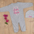 Load image into Gallery viewer, Baby girl gray sleeper monogrammed with pink thread
