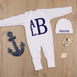 Load image into Gallery viewer, sleeper with navy blue monogram baby boy
