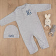 Load image into Gallery viewer, Grey newborn coming home outfit with a stacked monogram and a matching hat
