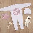 Load image into Gallery viewer, Newborn girl coming home outfit with circle monogram
