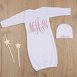 Load image into Gallery viewer, newborn girl white gown pink monogram
