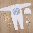 Load image into Gallery viewer, newborn coming home outfit blue circle monogram

