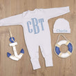 Load image into Gallery viewer, white coming home outfit with monogram for a newborn baby boy
