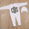 Load image into Gallery viewer, Baby boy white sleeper dark green monogram
