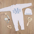Load image into Gallery viewer, Baby boy white sleeper with blue monogram
